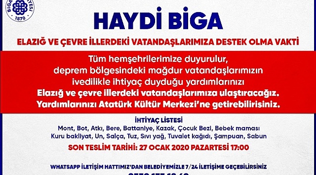 Biga'dan Depremzedelere Yönelik Yardım Kampanyası