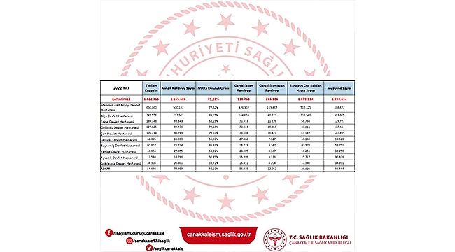 MHRS MUAYENE BİLGİLERİNE AİT ÇANAKKALE TABLOSU
