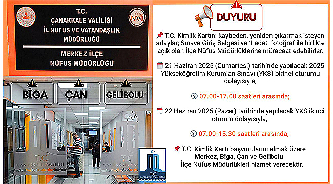 YKS SINAVI GÜNLERİNDE NÜFUS MÜDÜRLÜKLERİ AÇIK OLACAK