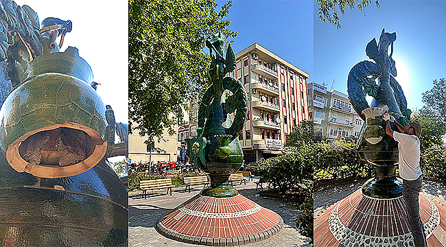 ÇANAKKALE'NİN SİMGESİ AT BAŞLI TESTİ HEYKELİ ONARILDI