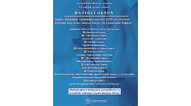 ÇANAKKALE'YE 2025 YILI HAZİRAN DÖNEMİ SAĞLIK PERSONELİ ATAMALARI YAPILDI