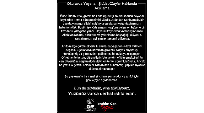CHP ÇANAKKALE MERKEZ İLÇE BAŞKANLIĞI'NDAN OKULLARDAKİ ŞİDDET OLAYLARINA TEPKİ